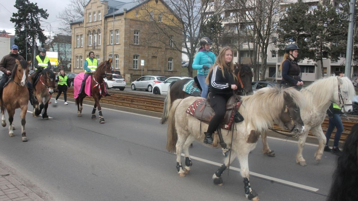 Etwa 50 Reiter hoch zu Ross sowie eine Kutsche sind am Samstag durch Gotha gezogen. Begleitet von Fußgängern, Traktor an der Spitze und am Ende des Trosses wollen sie die Proteste der Bauern gegen die Agrarpolitik der Bundesregierung unterstützen. Der Demonstrationszug von der Stadthalle über Gartenstraße, Hauptmarkt zurück zur Stadthalle stand unter dem Motto: 