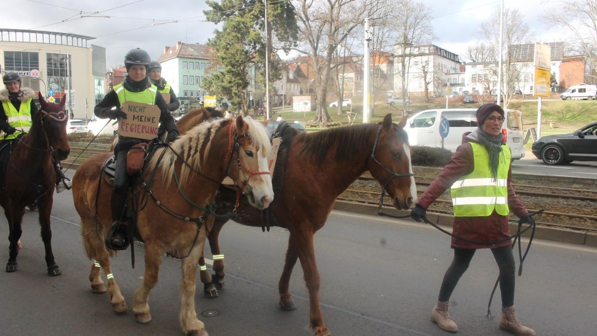 Etwa 50 Reiter hoch zu Ross sowie eine Kutsche sind am Samstag durch Gotha gezogen. Begleitet von Fußgängern, Traktor an der Spitze und am Ende des Trosses wollen sie die Proteste der Bauern gegen die Agrarpolitik der Bundesregierung unterstützen. Der Demonstrationszug von der Stadthalle über Gartenstraße, Hauptmarkt zurück zur Stadthalle stand unter dem Motto: 