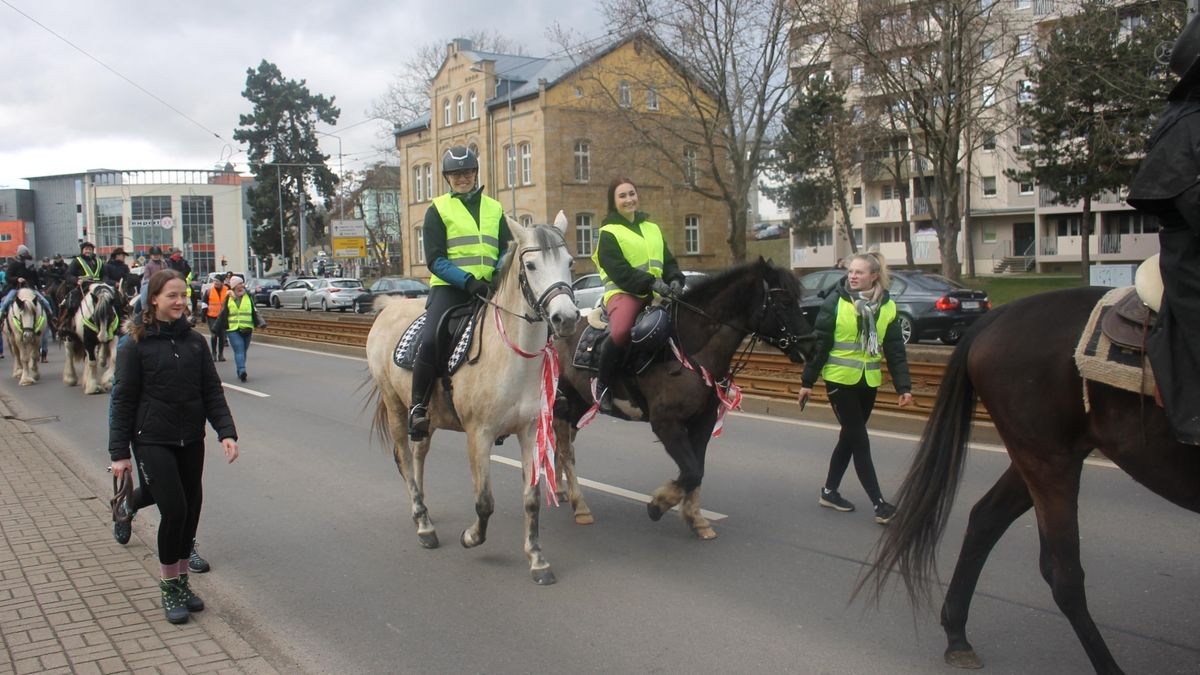 Etwa 50 Reiter hoch zu Ross sowie eine Kutsche sind am Samstag durch Gotha gezogen. Begleitet von Fußgängern, Traktor an der Spitze und am Ende des Trosses wollen sie die Proteste der Bauern gegen die Agrarpolitik der Bundesregierung unterstützen. Der Demonstrationszug von der Stadthalle über Gartenstraße, Hauptmarkt zurück zur Stadthalle stand unter dem Motto: 