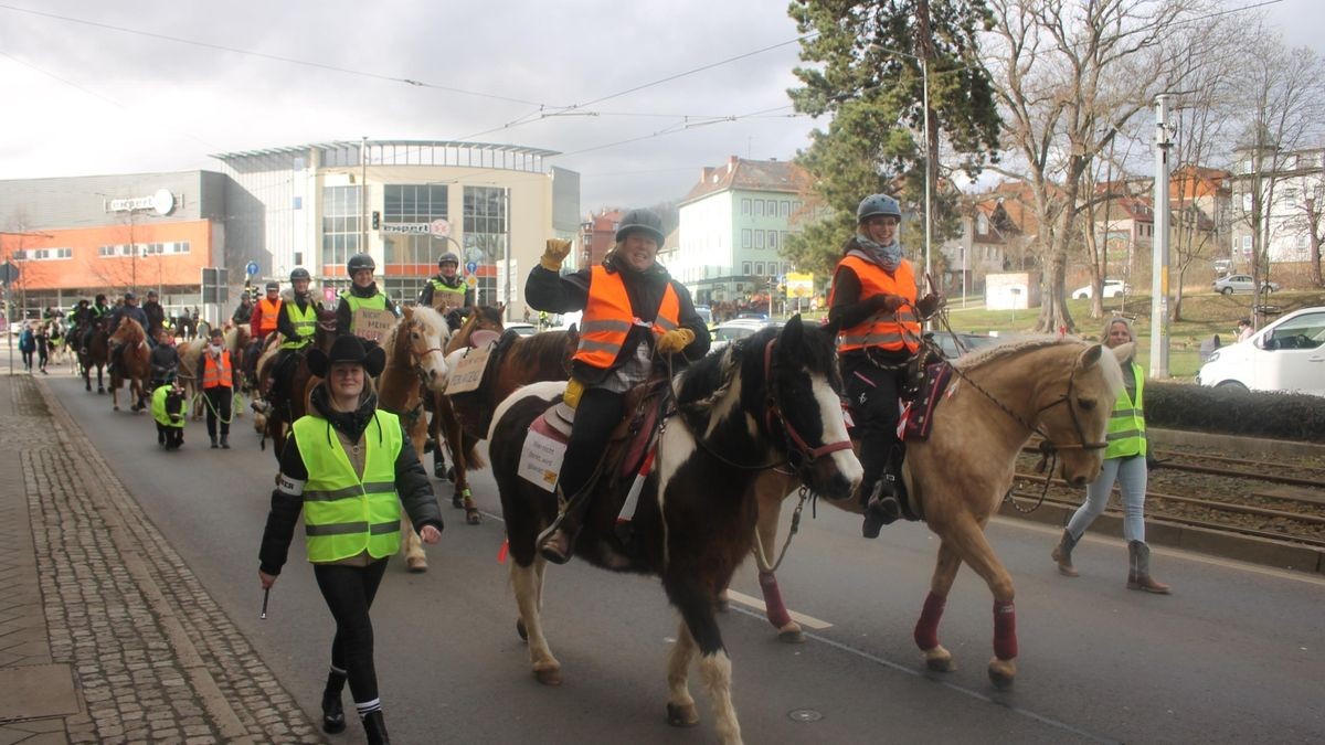 Etwa 50 Reiter hoch zu Ross sowie eine Kutsche sind am Samstag durch Gotha gezogen. Sie wollen die Proteste der Bauern gegen die Agrarpolitik der Bundesregierung unterstützen. Der Demonstrationszug steht unter dem Motto: „Ohne Bauern keine Pferde“.