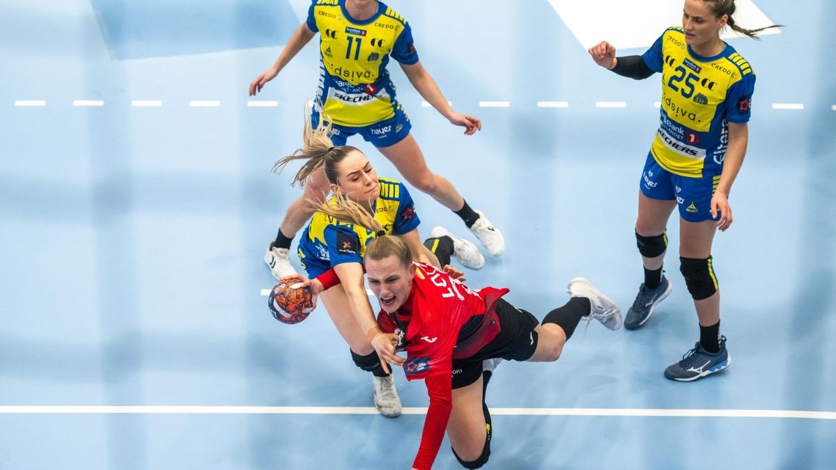 Trotz Knieverletzung biss Annika Lott (im Zweikampf mit Mia Solberg Svele) im Vieretlfinal-Hinspiel mit Storhamar auf die Zähne. Im Rückspiel musste sie passen.