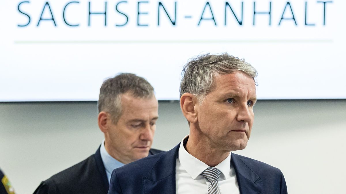 Björn Höcke (r), Vorsitzender der Thüringer AfD, kommt im April in Halle mit seinem Anwalt Ralf Hornemann zur Fortsetzung seines Prozesses vor dem Landgericht Halle.