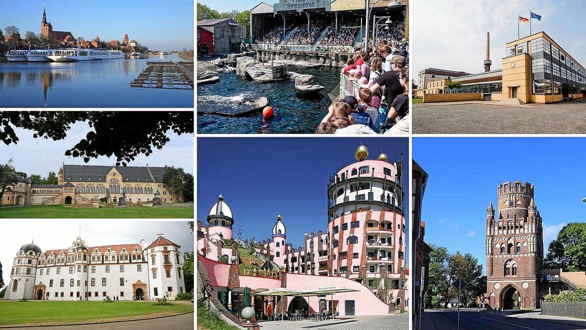 Mit dem 49-Euro-Ticket lassen sich von Wolfsburg aus viele Städte und Sehenswürdigkeiten erkunden. Von links: Hafen Tangermünde, Zoo Hannover, Fagus-Werk Alfeld, Kaiserpfalz Goslar, „Grüne Zitadelle“ Magdeburg, „Uenglinger Tor“ Stendal, Schloss Celle.