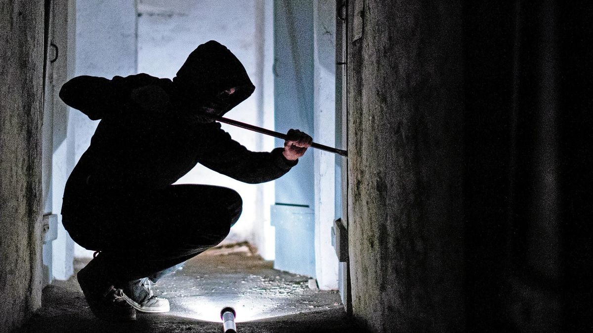Ein fiktiver Einbrecher hebelt mit einem Brecheisen eine Tür im Keller eines Wohnhauses auf (gestellte Szene).