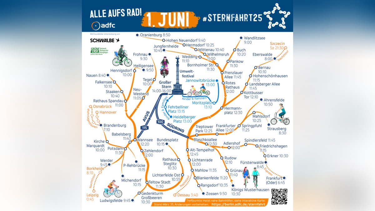 Die Routen, Zeiten und Treffpunkte der Fahrrad-Sternfahrt 2025 in Berlin. Die Routen, Zeiten und Treffpunkte der Fahrrad-Sternfahrt 2025 in Berlin.