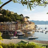 Panorama of marina bay in Portofino village, Liguria, Italy