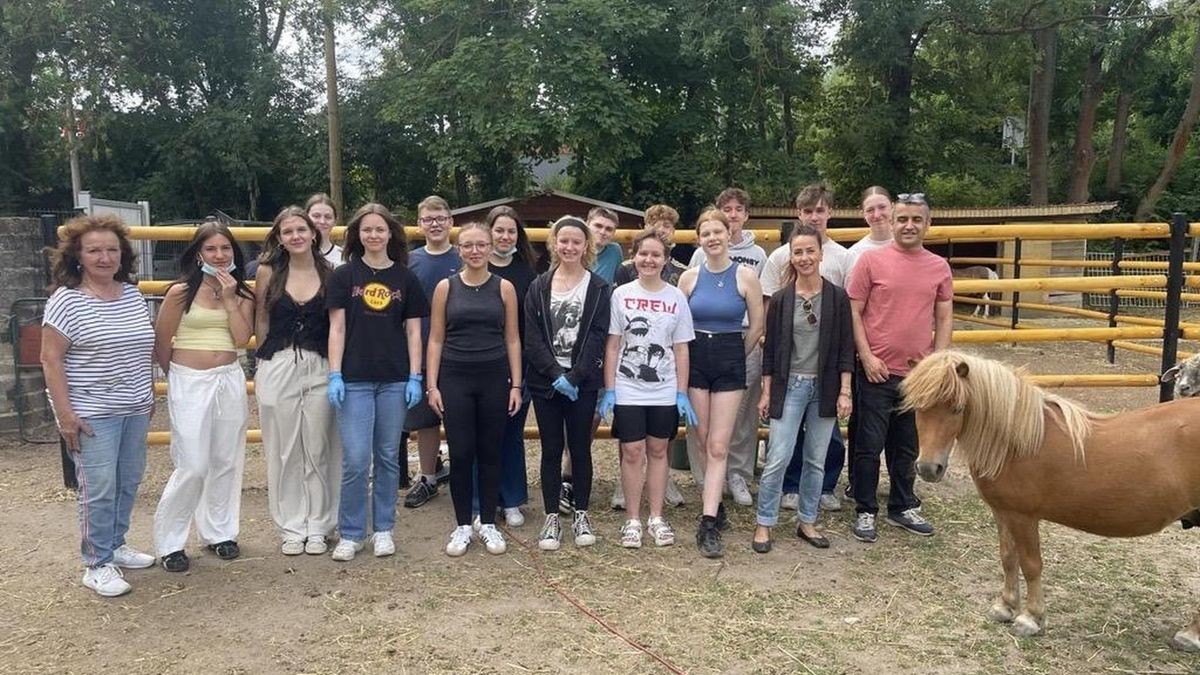 Tierheimleiterin Birgit Schneider (von links) freut sich über die Unterstützung durch Schülerinnen und Schüler der Klassen 10b und 10e des Albert Schweitzer-Gymnasiums Sömmerda. Mit dabei: die betreuenden Lehrkräfte Katharina Nixdorf-Rothenberg sowie Kamil Cevik.