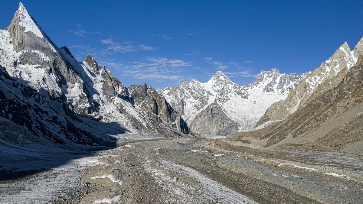 Aerial view of snow-covered Laila peak and Chogolisa glacier, Mashabrum, Gilgit-Baltistan, Pakistan.