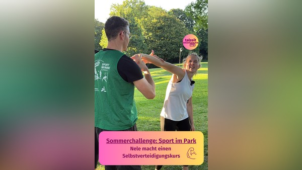 A person participating in a self-defense class in a Wuppertal park as part of 'Sport im Park'.