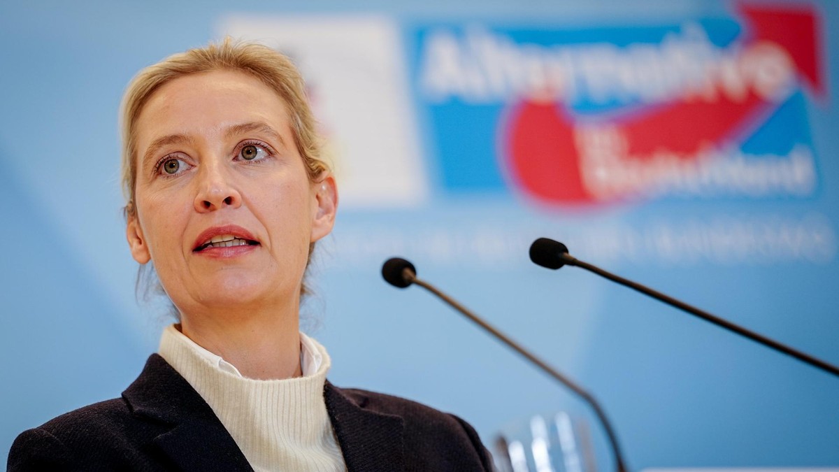 Alice Weidel steht an einem Redepult und sieht besorgt aus