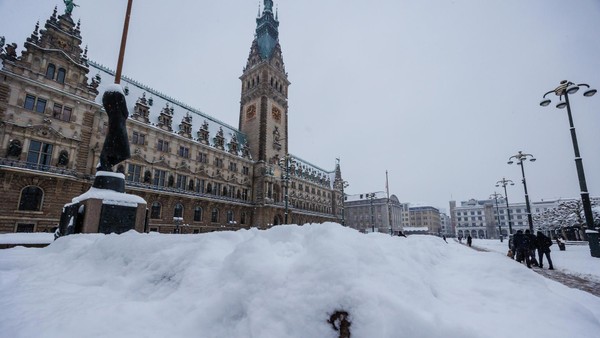 Schneeschicht vor Hamburger Rathaus – und wer macht das weg?